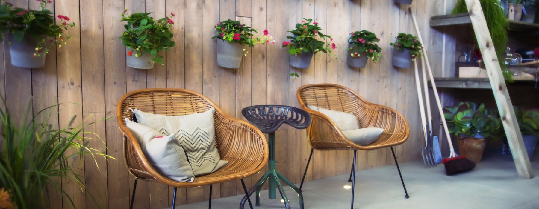 two chairs in front of a wall with plants on it